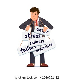 Sad business man overburdened by stress, depression, anger, sadness & failure melancholy. Entrepreneur business person negative emotions burden and problems concept. Flat character vector illustration