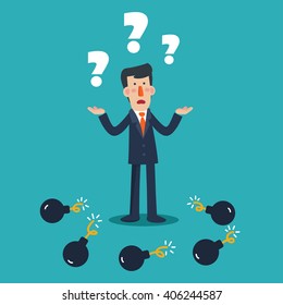 Sad business man with question mark standings between bombs. Businessman in risk vector concept illustration