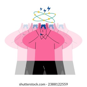 Sad business woman having dizzy symptoms. Dizziness concept. Flat vector illustration isolated on white background
