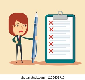 Sad business woman holding a pen looking at checklist on clipboard. Stock flat vector illustration.