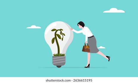 sad business woman leaning on dead light bulb idea with dead plants, unsustainable business ideas concept, industries that do not use environmentally friendly energy or renewable energy