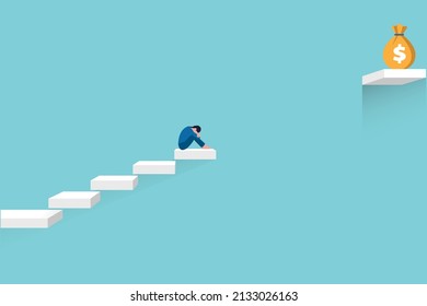 Sad business woman looking down on gray concrete staircase with big money bag at the top of it but with part of steps between business woman and bag missing. Big fail. Business problems.
