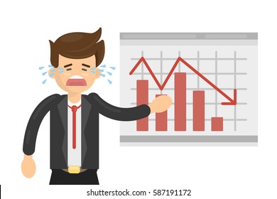 Sad businessman with bad statystics on the board. Red arrow falls down. Cartoon man cries.
