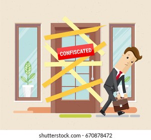 Sad businessman  is bankrupt, his business was closed and confiscated. Vector illustration, flat