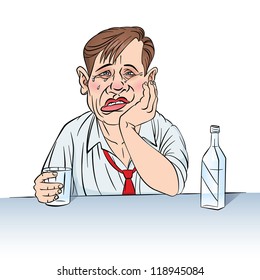Sad businessman with a bottle. Illustration in color on white