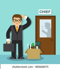 sad businessman with a box of things is at the door of the chief. Behind the door is visible silhouette of the boss, he shouts and gesticulates