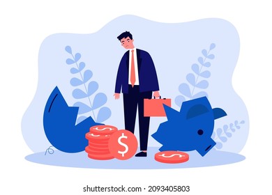 Sad businessman with broken piggy bank. Man with financial crisis and bankruptcy of company flat vector illustration. Debt, business loss concept for banner, website design or landing web page