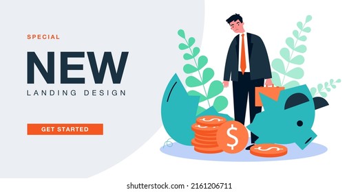 Sad businessman with broken piggy bank. Man with financial crisis and bankruptcy of company flat vector illustration. Debt, business loss concept for banner, website design or landing web page