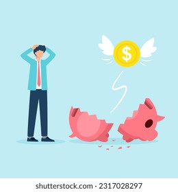 Sad Businessman and Broken Piggy bank and no savings money. No deposit and investment. Need money for the emergency concept. Vector illustration cartoon flat design for background.