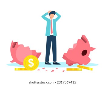 Sad Businessman and Broken Piggy bank and no savings money. No deposit and investment. Need money for the emergency concept. Vector illustration cartoon flat design for background.