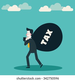 Sad businessman carrying a bag with tax. Tax time and taxpayer finance concept