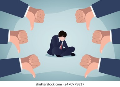 Sad businessman character and many hands with thumbs down. Vector flat cartoon illustration