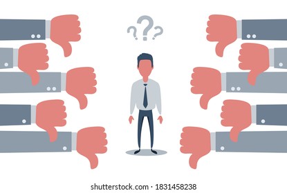 Sad businessman character on the knees and many hands with thumbs down. Vector flat cartoon illustration
