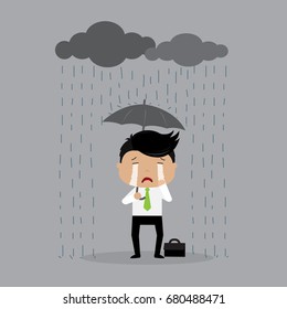 Sad businessman Character Under the Rainy Cloud. Bad Day Concept
