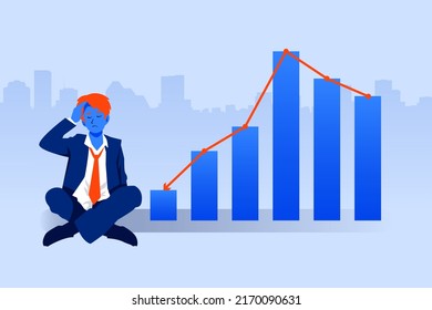 Sad businessman with chart graph arrow down, bankruptcy concept, economic downturn and global recession