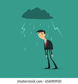 Sad businessman, cloud, rain and lightning. Vector illustration.