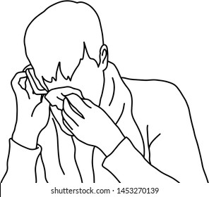 sad businessman crying while using mobile phone vector illustration sketch doodle hand drawn with black lines isolated on white background