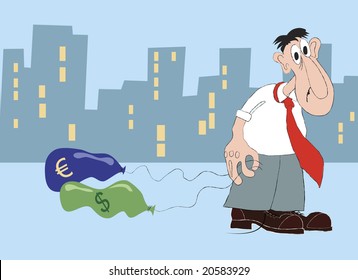 Sad businessman with deflated currency balloons. Financial crisis