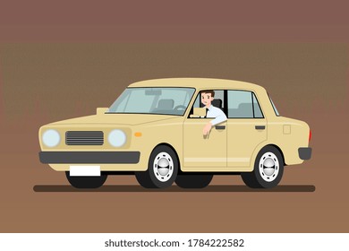 Sad businessman driving an old car to work but It's easy and fast than walk. Business people drive a cheap rusty light-yellow vehicle. Isolated vector illustration design.