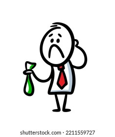 Sad businessman with empty bag of money in his hand. Vector illustration of unlucky doodle stickman.