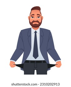 A sad businessman with empty pockets. No money. A guy with his pockets turned out. A boy without money. Vector cartoon illustration on a white background.