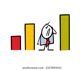 Sad businessman fell between the company's success indicators. Vector concept illustration of a stickman and a commercial profit chart. Cartoon person isolated on white background.