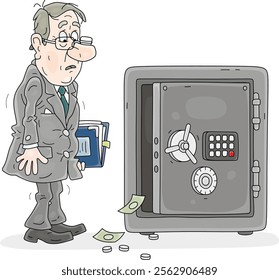Sad businessman in front of an open empty safe in his office, vector cartoon illustration isolated on a white background
