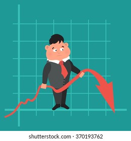 Sad businessman with graph indicating a regression. The concept of business failure, bankruptcy. Vector illustration