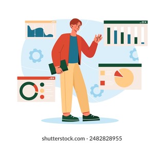 Triste hombre de negocios con gráficos. Joven evalúa estadísticas e infografías. Depresión económica y recesión. Empresario con bancarrota. Ilustración vectorial de dibujos animados aislada sobre fondo blanco