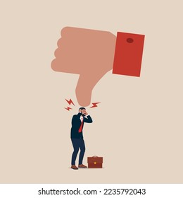 Triste hombre de negocios y con los pulgares hacia abajo. Ilustración plana vectorial moderna plana.