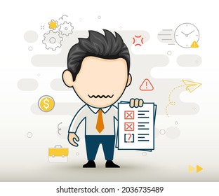 Sad businessman holding clipboard with cross mark. Business failure concept in cartoon style