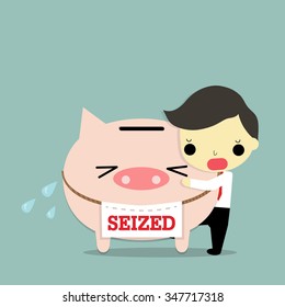 sad businessman insert bank in seized piggy bank on blue background.