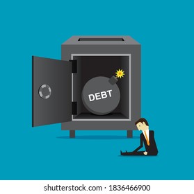 Sad businessman with iron debt ball in metal safe.Vector design