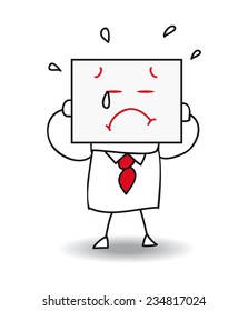 Sad businessman. Joe holds a sheet of paper on which is drawn a sad face. he is sad and he is crying , he is anonymous behind this sheet of paper.