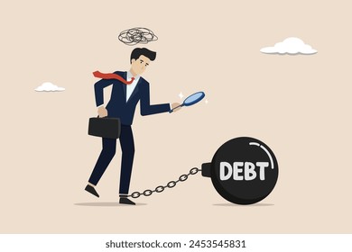 Sad businessman with large debts, dizzy thinking about large debts, company debt concept, vector illustration of businessman looking for a way to pay off large debts using a magnifying glass.