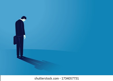 Sad businessman looking down, rear view. Man feeling lonely and having mental pressure or stress. Bankruptcy on global economic recession, failure concept