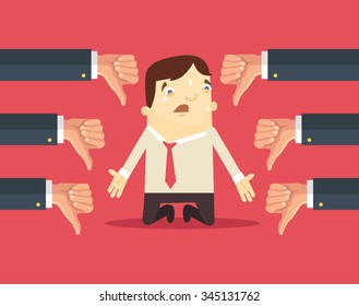 Sad businessman and many hands with thumbs down. Vector flat illustration
