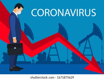 Sad businessman in a medical mask afraid of the coronavirus. Businessman in a medical mask is shocked by the collapse of the world economy and the financial crisis due to the coronavirus 2019-nCov. Fa