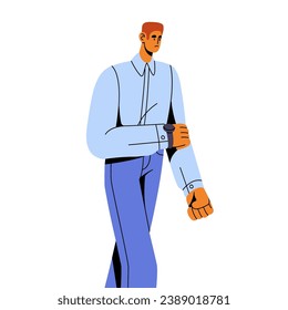 Sad businessman in office clothes walking. Employee with wristwatch, upset manager strolling. Anxiety entrepreneur, business man in suit go. Flat isolated vector illustration on white background