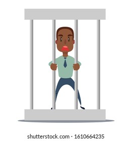 Sad businessman in office suit in prison behind the bars with metal ball chained to his leg. Financial crime concept. Flat vector cartoon illustration.
