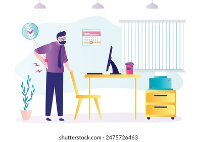 Sad businessman. Office syndrome, back pain, sitting and working too long causing back ache or inflammation of neck, shoulder and back muscles concept, painful office worker holding his back. vector