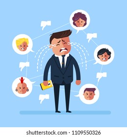 Sad businessman office worker man character receive many dislikes thumbs down sight symbol and crying with tears. Social network media community modern technology problems. Vector flat cartoon graphic