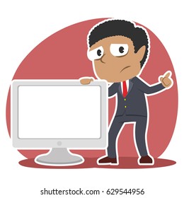 sad businessman presenting big blank monitor