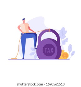 Sad businessman pulls heavy taxes with weight. Huge weight of tax. Concept of heavy tax, debt, duty, defaulter. Vector illustration in flat design for UI, web banner, mobile app