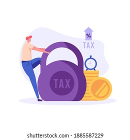 Sad businessman pulls heavy taxes with weight. Huge weight of tax. Concept of heavy tax, debt, duty, defaulter. Vector illustration in flat design for UI, web banner, mobile app