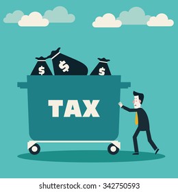 Sad businessman pushing hand truck with taxes. Tax time and taxpayer finance concept