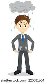 Sad Businessman Showing His Empty Pockets With Rainy Cloud On The Head