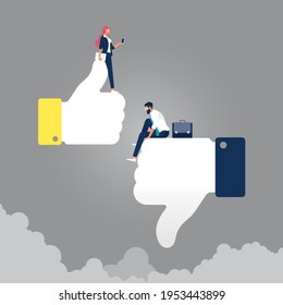 Sad businessman sit on Thumbs down and happy business woman strand on Thumbs up symbol