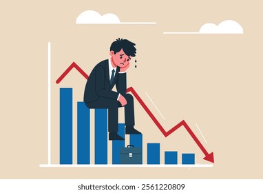 A sad businessman sits on a briefcase over declining bar charts, symbolizing business failure, economic downturn, financial loss, market decline, unemployment, job insecurity, and corporate setbacks.