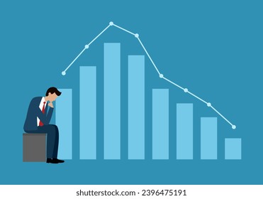 Sad businessman sitting with falling business graph on the blue background.